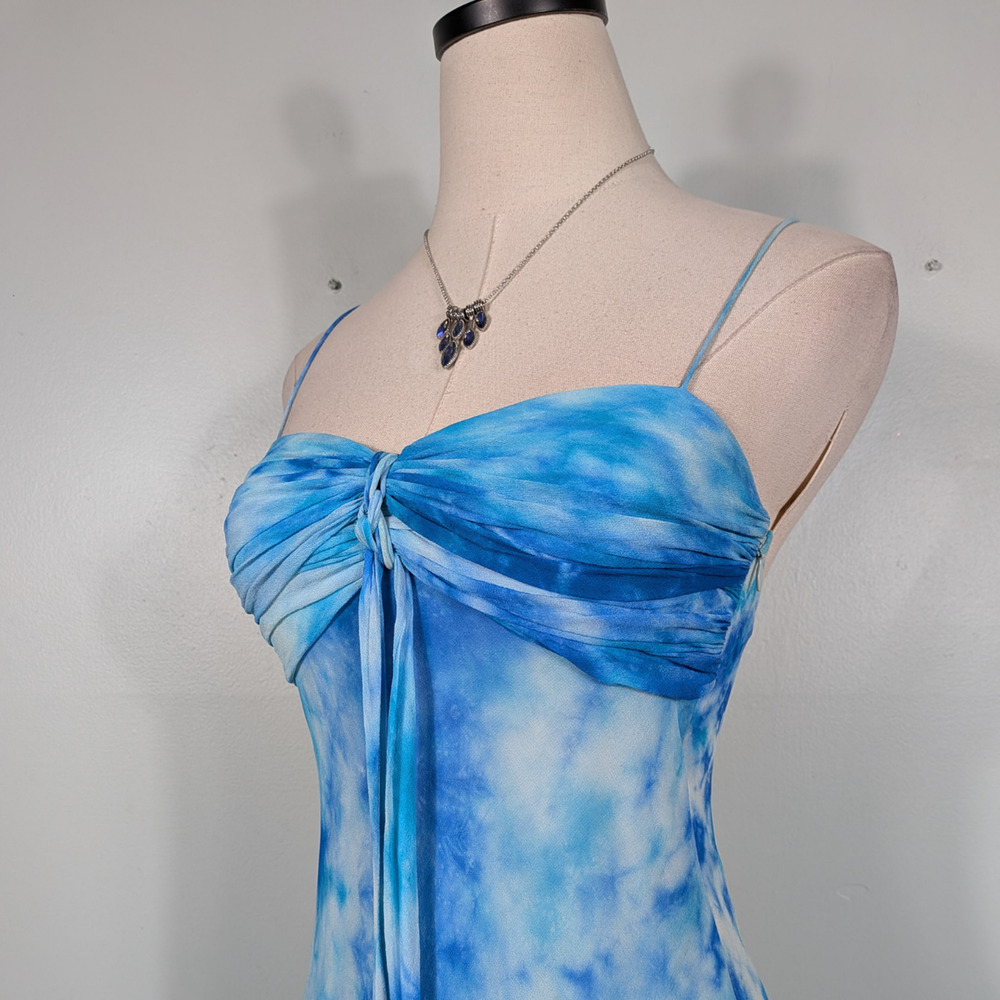 Vintage Cache Silk Prom Dress Maxi Gown 2 Blue Tie Dye Y2K Fairy Babydoll Nymph - Picture 7 of 13
